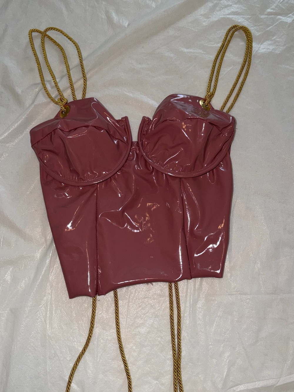 Glossy Mauve Bustier Crop Top with Gold Rope Straps